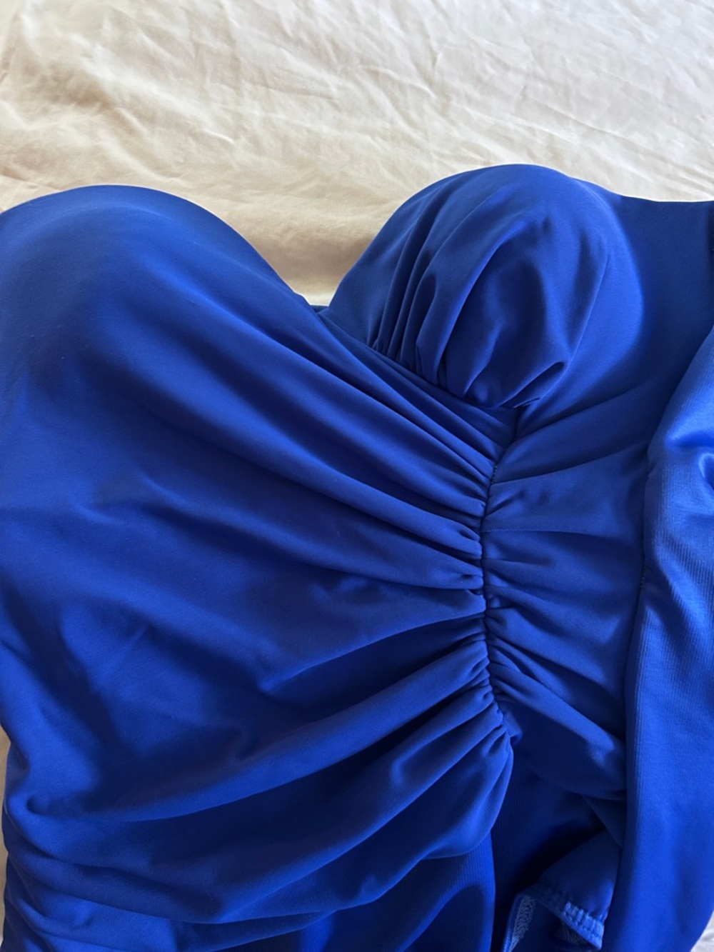 Cobalt blue ruched swimsuit with removable straps